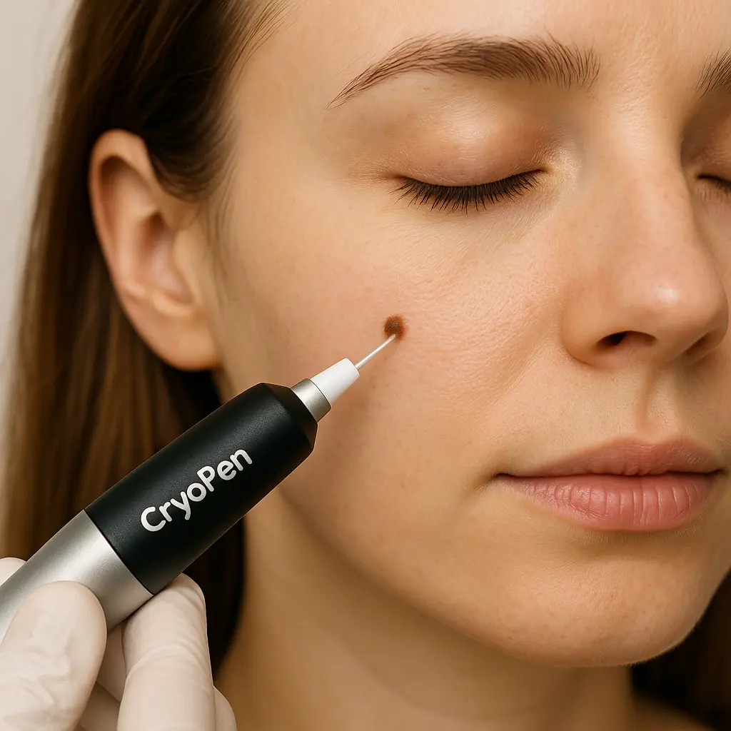 woman receiving facial mole removal Willesden using cryopen 