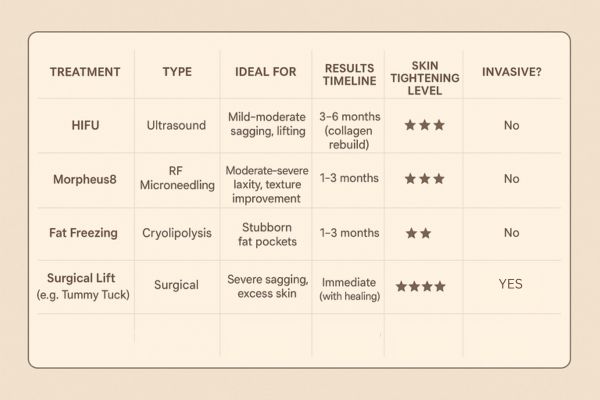 Table showing the comparisons of Skin tightening Willesden treatment options.